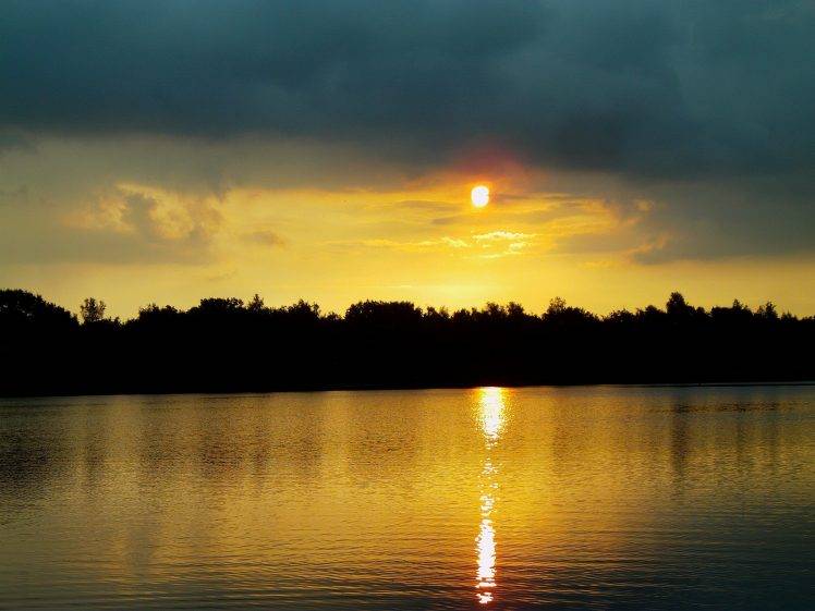 sunset, Horizon, Lake, Clouds, Landscape HD Wallpaper Desktop Background