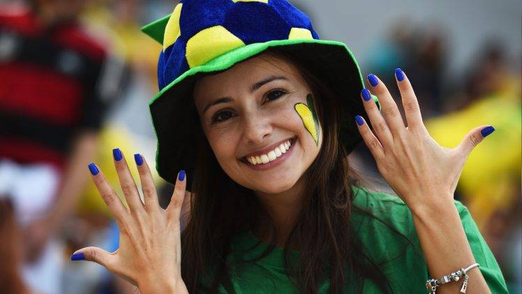 FIFA World Cup, women, smiling, painted nails, brunette, black eyes, face paint HD Wallpaper Desktop Background