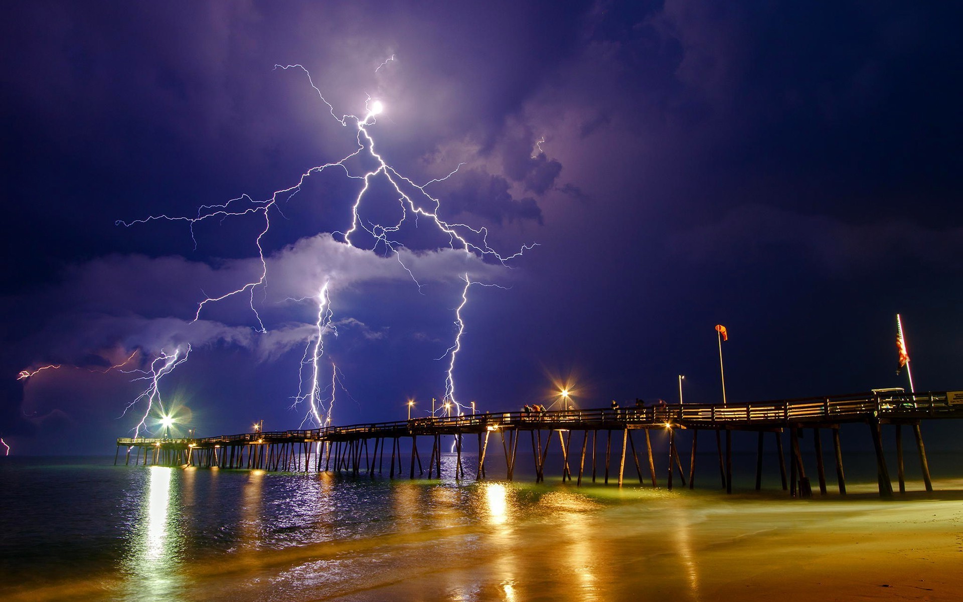 nature, Pier, Lightning Wallpaper