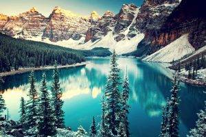 mountain, Trees, Snow, Water, Moraine Lake, Canada, Lake, Forest, Pine Trees, Banff National Park, Valley