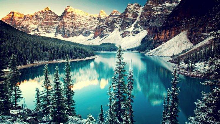 mountain, Trees, Snow, Water, Moraine Lake, Canada, Lake, Forest, Pine Trees, Banff National Park, Valley HD Wallpaper Desktop Background