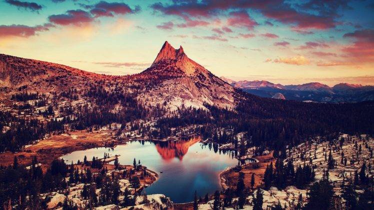 mountain, Trees, Snow, Clouds, Water, Valley, Lake, Sunset, Winter HD Wallpaper Desktop Background
