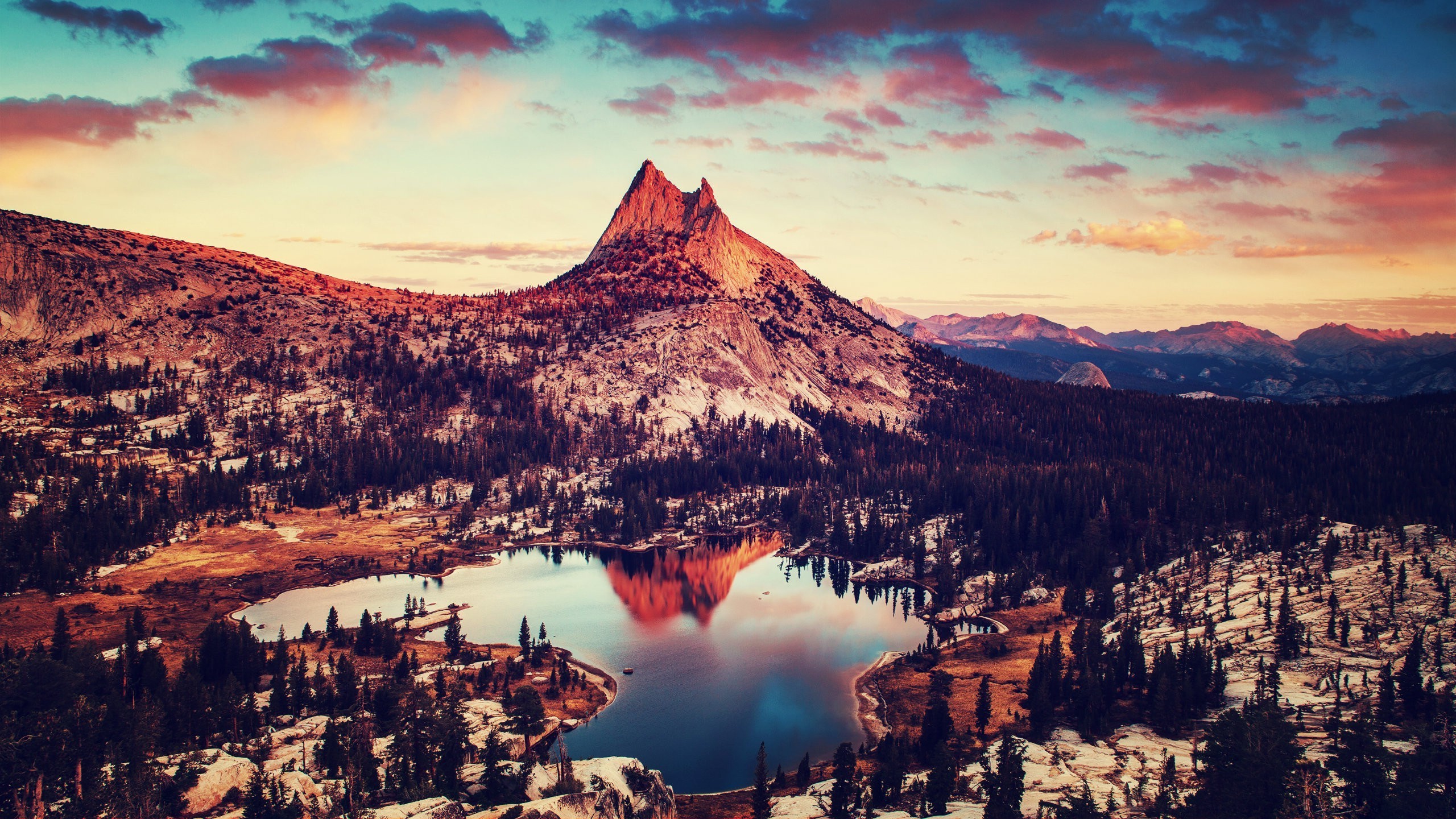 mountain, Trees, Snow, Clouds, Water, Valley, Lake, Sunset, Winter Wallpaper