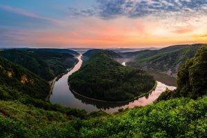 river, Trees, Clouds, Town, Road, Sunset, Valley