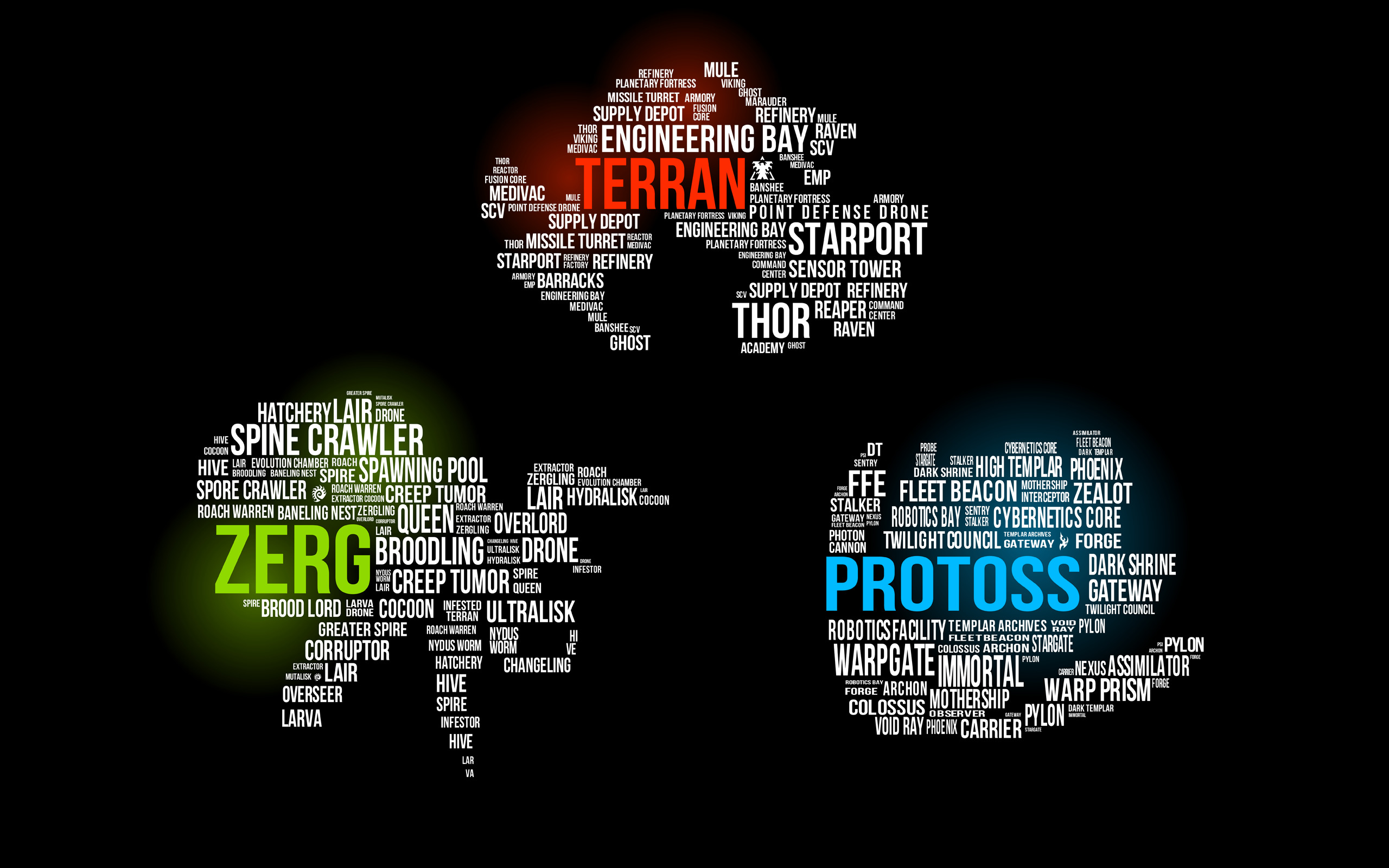 StarCraft, Starcraft II, Zerg, Terrans, Protoss, Word Clouds, Typography Wallpaper