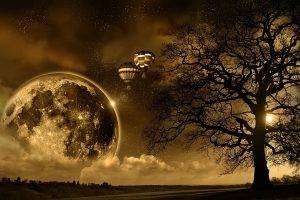 landscape, Moon, Trees, Hot Air Balloons