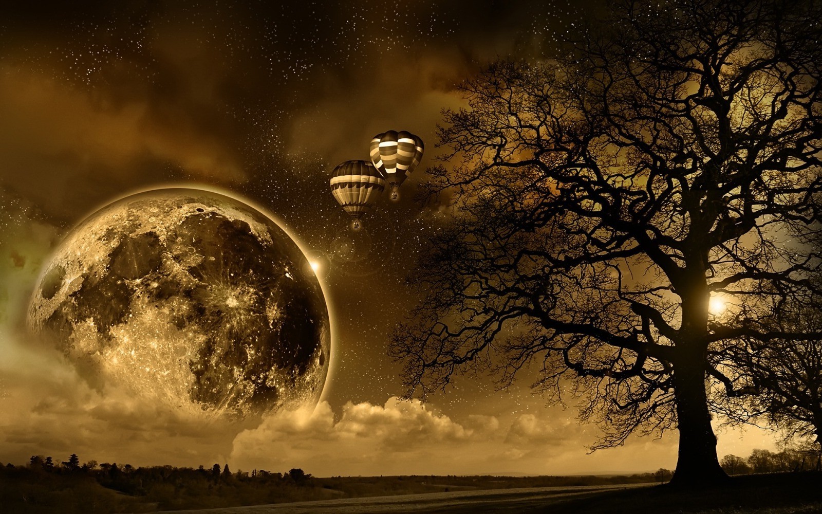 landscape, Moon, Trees, Hot Air Balloons Wallpapers HD / Desktop and