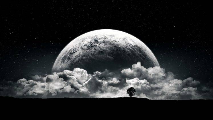 planet, Moon, Clouds, Stars, Night, Black, White HD Wallpaper Desktop Background