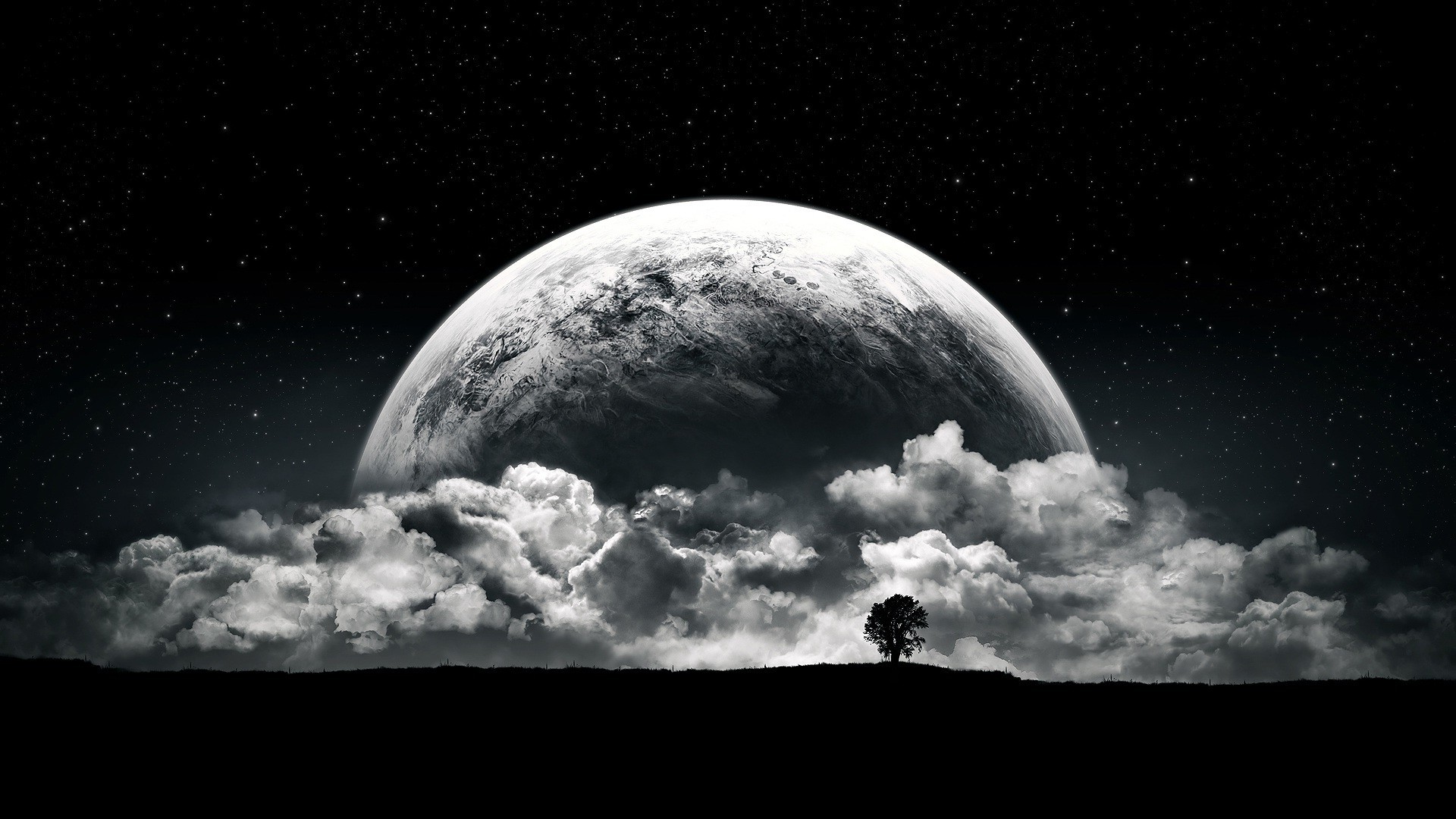 planet, Moon, Clouds, Stars, Night, Black, White Wallpapers HD / Desktop and Mobile Backgrounds