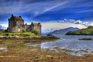castle, Water, Scotland, Eilean Donan, Landscape, UK, Mountain, Clouds