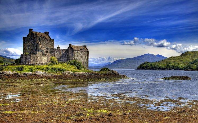 castle, Water, Scotland, Eilean Donan, Landscape, UK, Mountain, Clouds HD Wallpaper Desktop Background