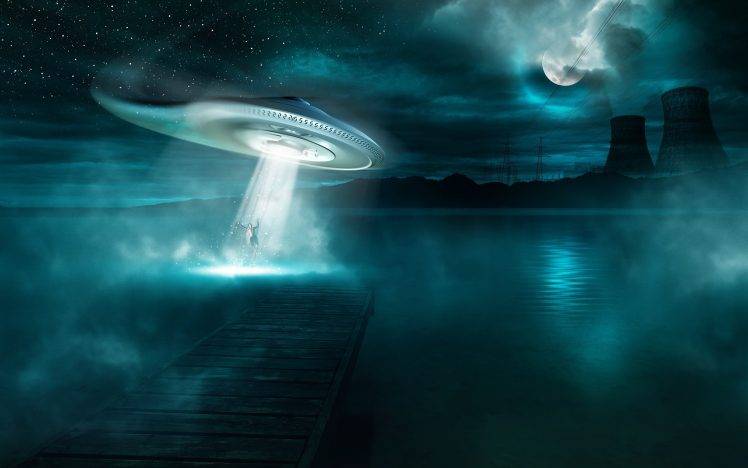 moon, Water, Night, Spaceship, Aliens, Space HD Wallpaper Desktop Background