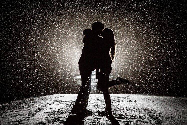 Love Kissing Snow Monochrome Silhouette Winter Lights