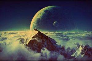space, Clouds, Moon, Planet, Mountain
