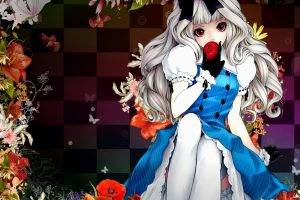 anime Girls, Black Ribbons, Dress, Apples, Flowers, Butterfly