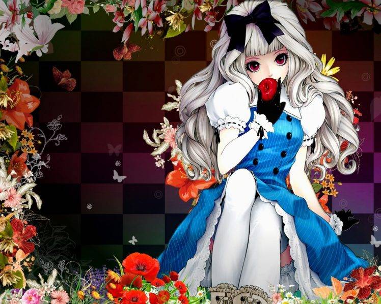 anime Girls, Black Ribbons, Dress, Apples, Flowers, Butterfly HD Wallpaper Desktop Background