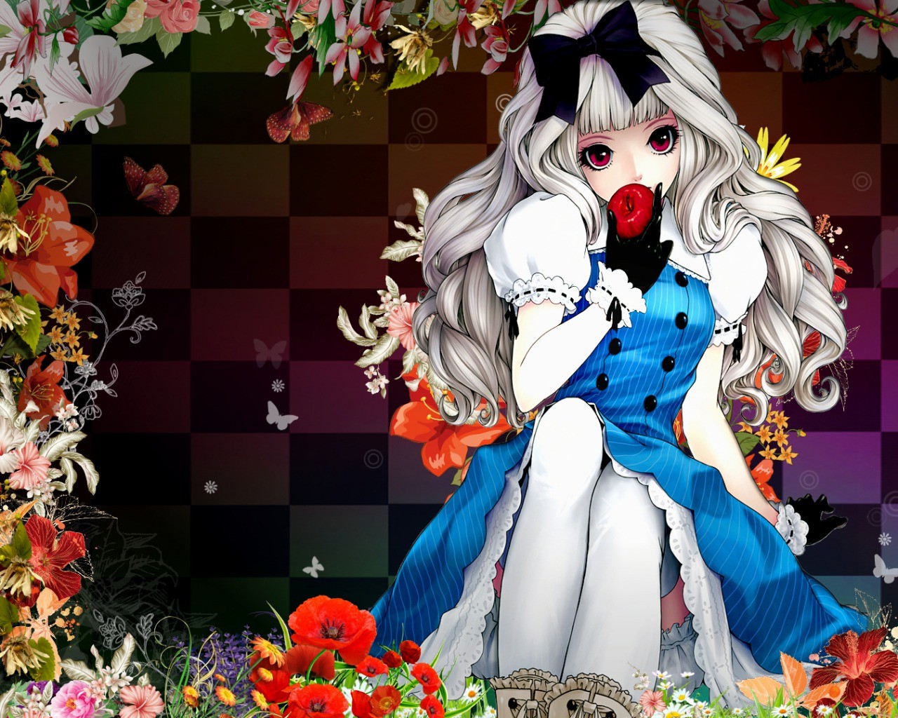 anime Girls, Black Ribbons, Dress, Apples, Flowers, Butterfly Wallpaper