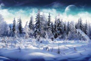 winter, Moon, Trees, Snow, Mountain, Nature