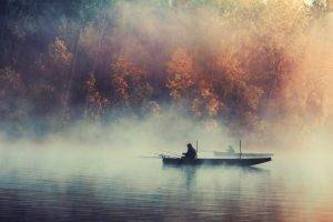 water, Boat, Trees, Lake, Fishing, Smoke