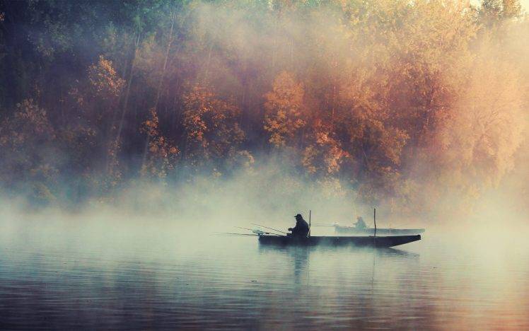 water, Boat, Trees, Lake, Fishing, Smoke HD Wallpaper Desktop Background