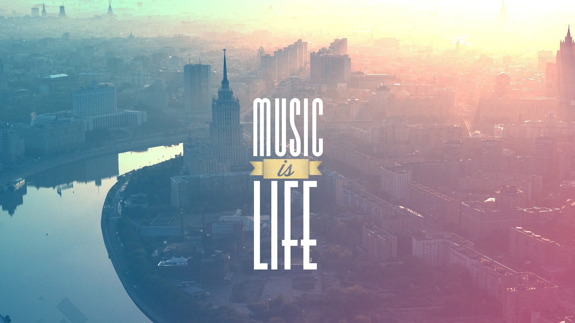 music, Typography, Cityscape, River, Filter, Music Is Life Wallpaper