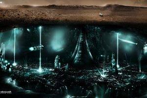Mars, Space, Science Fiction, City, Lights, Split View