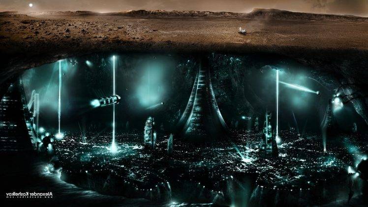 Mars, Space, Science Fiction, City, Lights, Split View HD Wallpaper Desktop Background