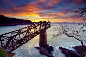 nature, Sunset, Bridge, HDR, Sea