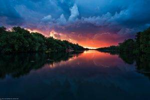 lake, Lightning, Clouds