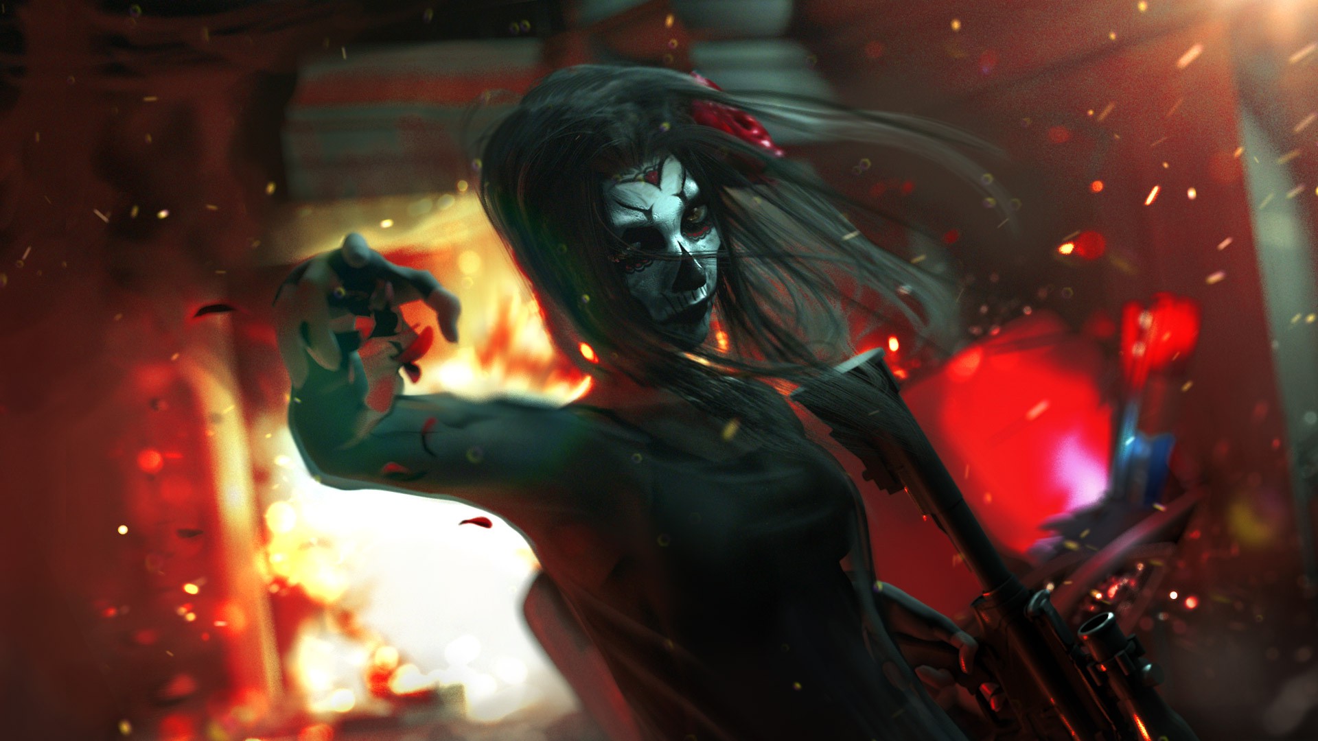 concept Art, Sugar Skull, Fire, Digital Art, Weapon Wallpaper