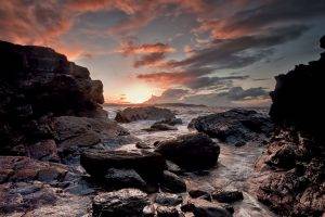 landscape, Sunset, Sea, Stones