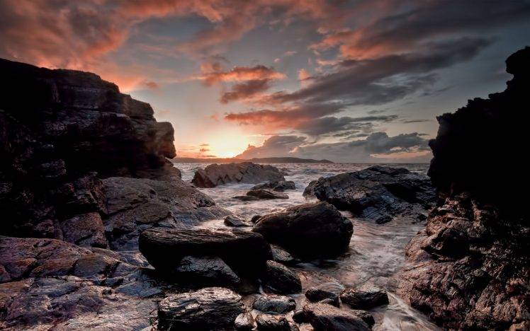 landscape, Sunset, Sea, Stones HD Wallpaper Desktop Background