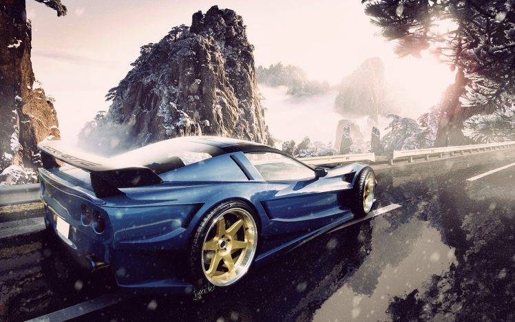 car, Rims, Snow, Mountain, Road, Blue Cars, Chevrolet Corvette HD Wallpaper Desktop Background