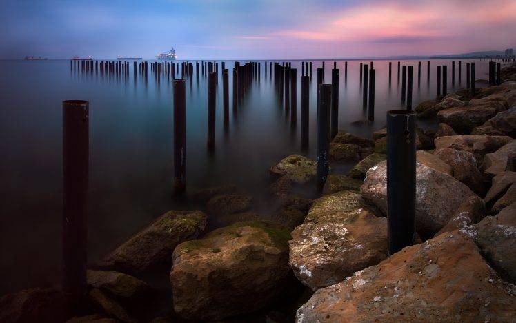 Cyprus, Coastline, Rock, Pier, Sunrise, Long Exposure, Landscape HD Wallpaper Desktop Background