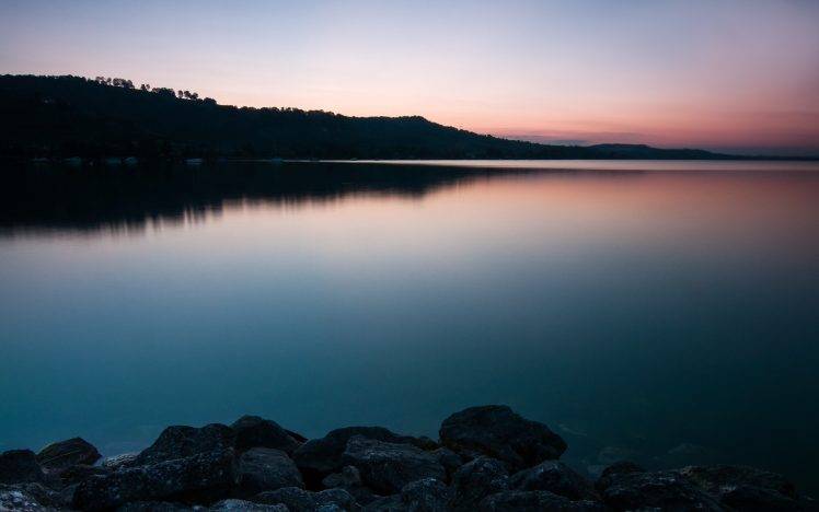 Switzerland, Landscape, Sunrise, Rock, Silhouette, Reflection, Lake HD Wallpaper Desktop Background