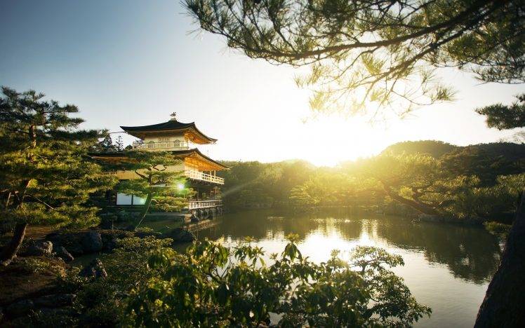 Temple Of The Golden Pavilion, Asian Architecture, Lake, Sunlight, Japan, Kyoto, Trees HD Wallpaper Desktop Background