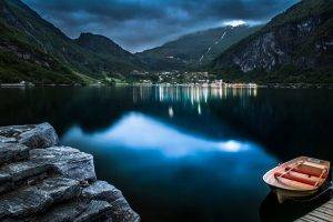 Norway, Mountain, Boat, Lake, Rock, Reflection, Overcast