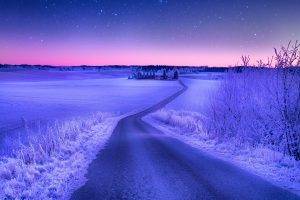 landscape, Nature, Road, Winter, Snow, Field, Stars, Evening, Sunset