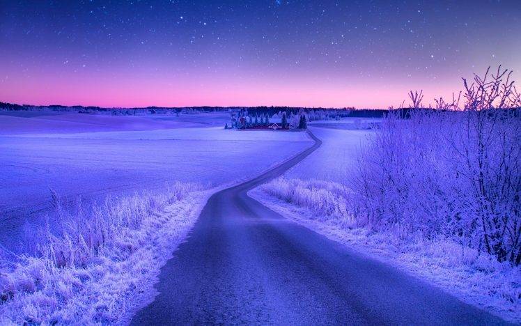 landscape, Nature, Road, Winter, Snow, Field, Stars, Evening, Sunset HD Wallpaper Desktop Background
