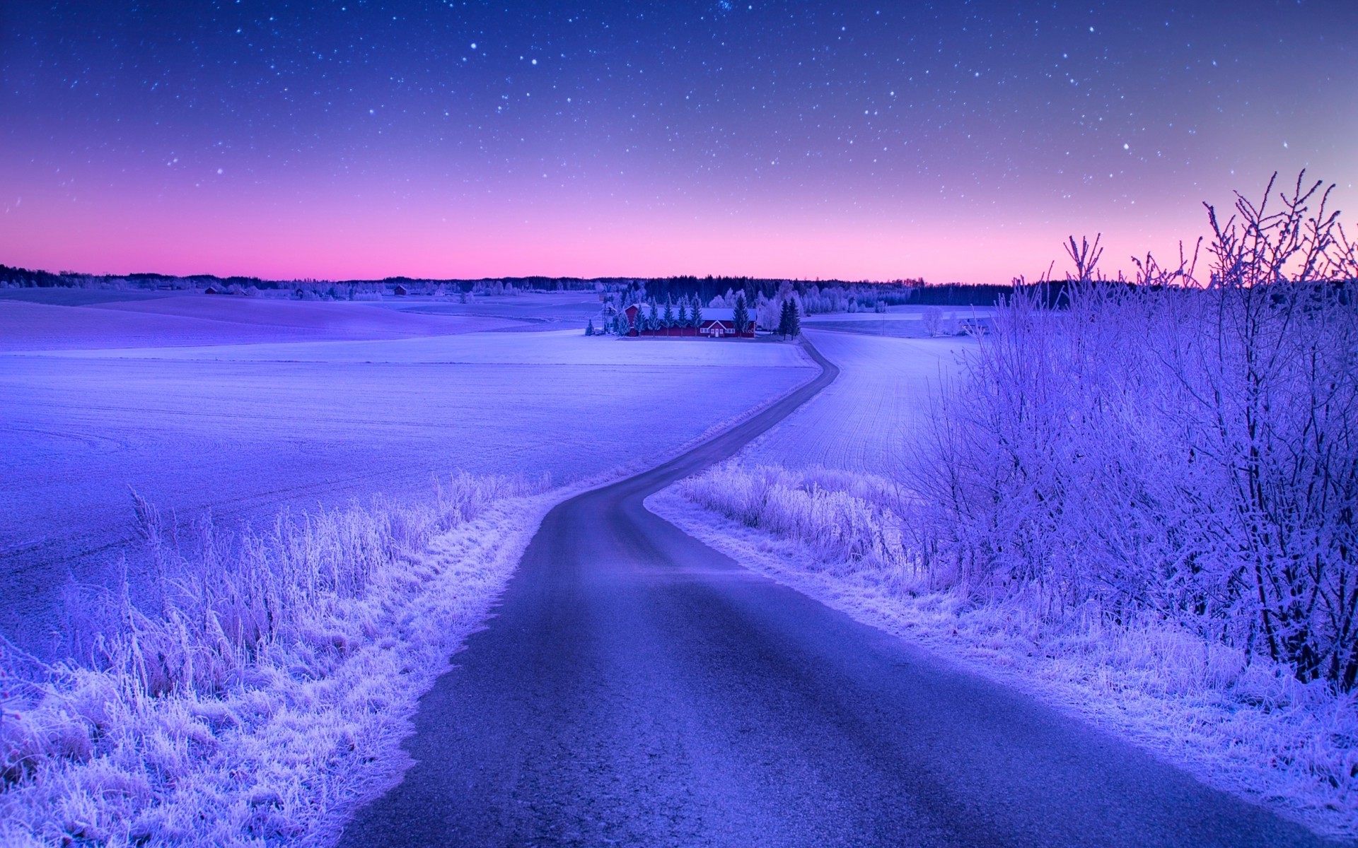 landscape, Nature, Road, Winter, Snow, Field, Stars, Evening, Sunset Wallpaper