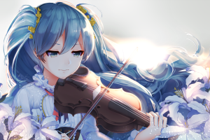 Hatsune Miku, Vocaloid, Violin, Flowers