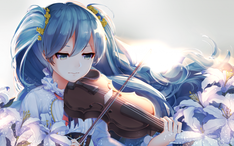 Hatsune Miku, Vocaloid, Violin, Flowers HD Wallpaper Desktop Background