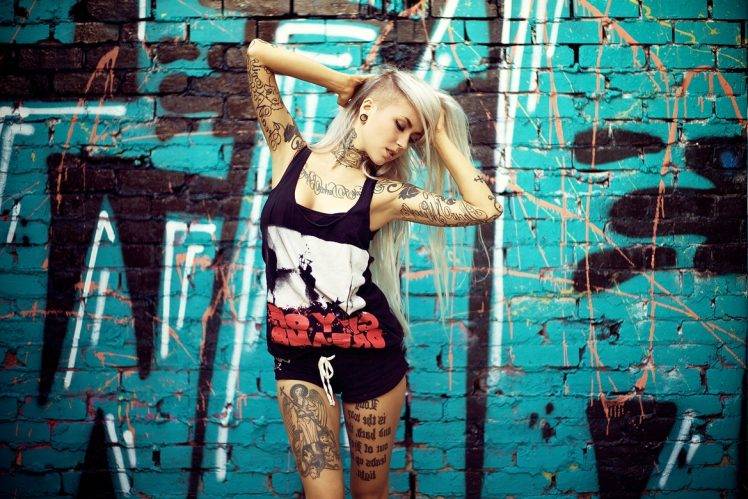 sidecut, Tattoo, Blonde, Graffiti, Earrings, Armpits, Sara Fabel, Model, Long Hair HD Wallpaper Desktop Background