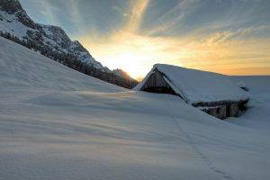 nature, Sunset, Mountain, Snow, Cabin, Barns