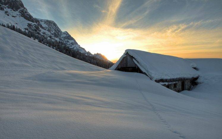 nature, Sunset, Mountain, Snow, Cabin, Barns HD Wallpaper Desktop Background