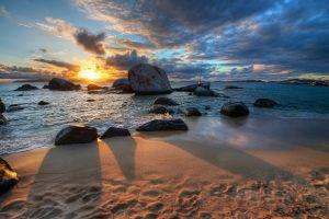 nature, Sunset, Sea, Clouds, Beach, Stones, Shadow, HDR