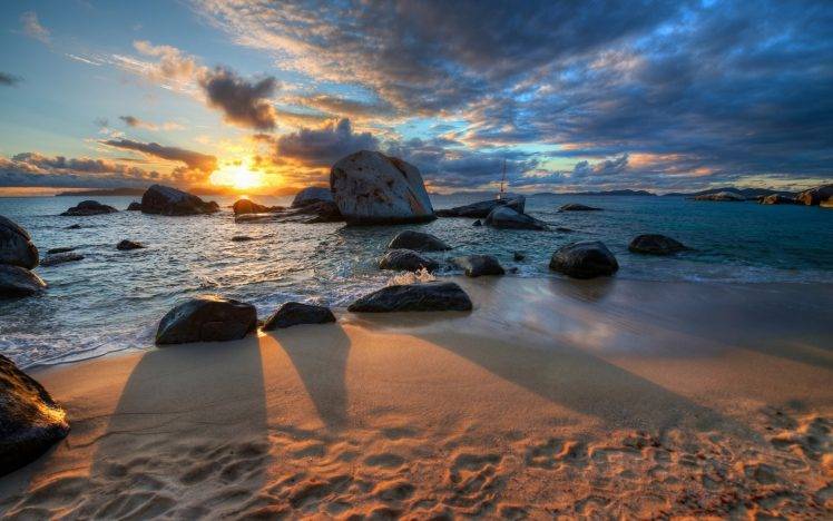 nature, Sunset, Sea, Clouds, Beach, Stones, Shadow, HDR HD Wallpaper Desktop Background
