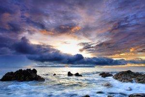nature, Sea, Clouds, Rock, Sunset