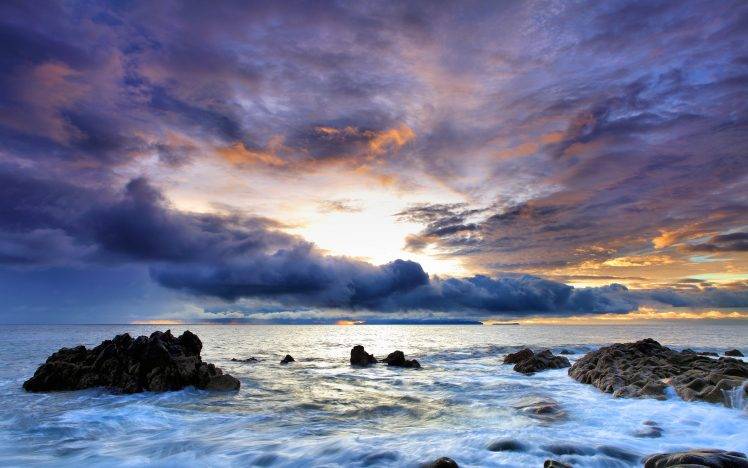 nature, Sea, Clouds, Rock, Sunset HD Wallpaper Desktop Background
