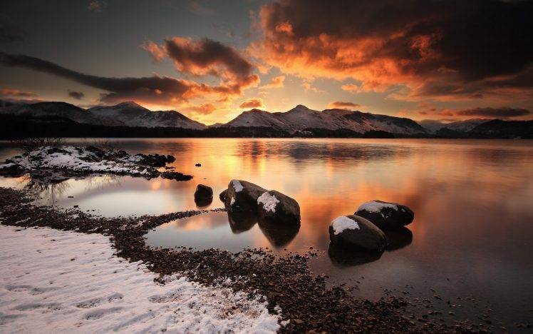 landscape, Lake, Sunset, Stones, Mountain, Snow HD Wallpaper Desktop Background